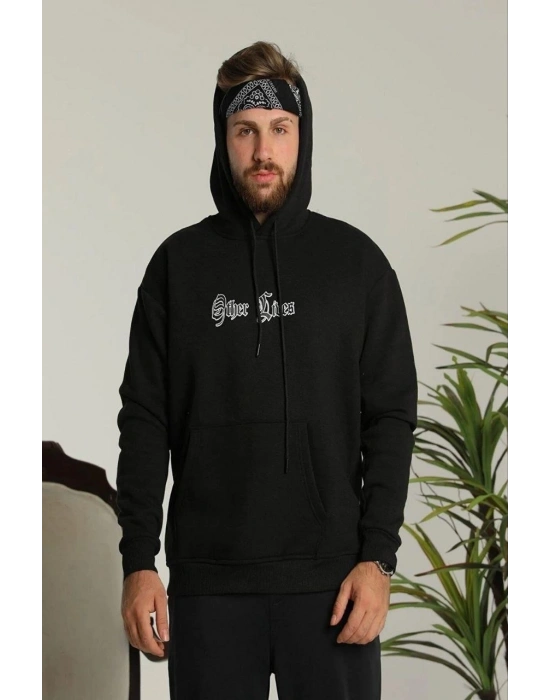 Erkek 3 İplik Pamuklu Kapüşonlu Baskılı Cepli Oversize Sweatshirt Hoodie - Siyah