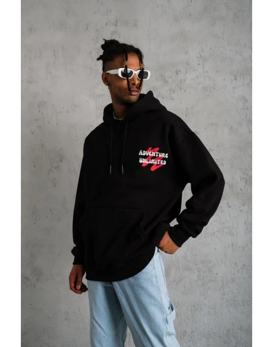 Erkek 3 İplik Pamuklu Kapüşonlu Baskılı Cepli Oversize Sweatshirt Hoodie - Siyah