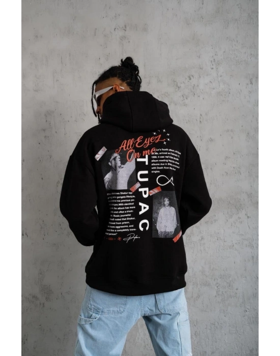 Erkek 3 İplik Pamuklu Kapüşonlu Baskılı Cepli Oversize Sweatshirt Hoodie - Siyah