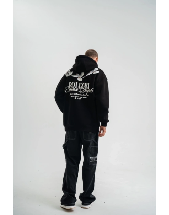 Erkek 3 İplik Pamuklu Kapüşonlu Baskılı Cepli Oversize Sweatshirt Hoodie - Siyah