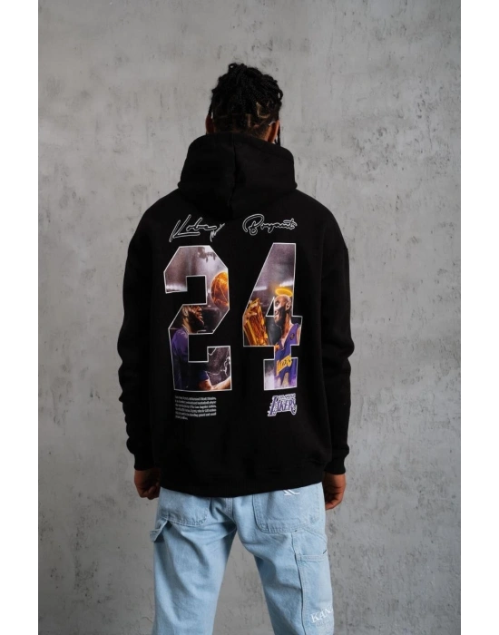 Erkek 3 İplik Pamuklu Kapüşonlu Baskılı Cepli Oversize Sweatshirt Hoodie - Siyah