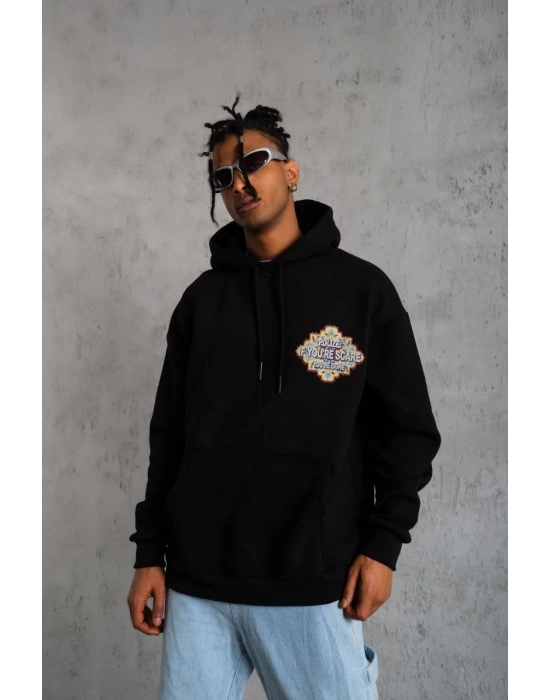 Erkek 3 İplik Pamuklu Kapüşonlu Baskılı Cepli Oversize Sweatshirt Hoodie - Siyah