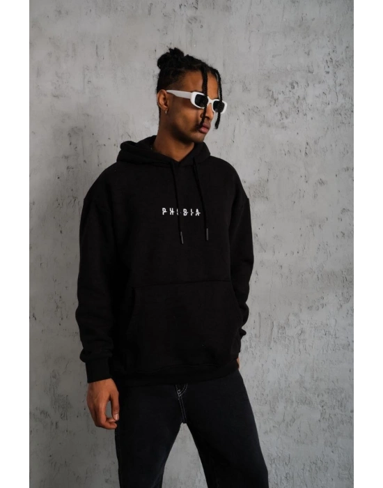 Erkek 3 İplik Pamuklu Kapüşonlu Baskılı Cepli Oversize Sweatshirt Hoodie - Siyah