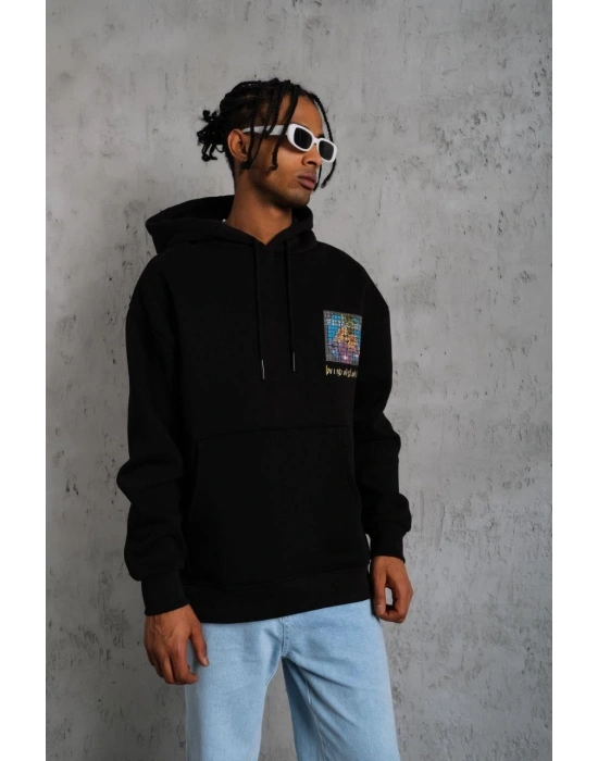 Erkek 3 İplik Pamuklu Kapüşonlu Baskılı Cepli Oversize Sweatshirt Hoodie - Siyah