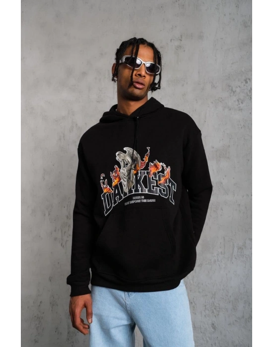 Erkek 3 İplik Pamuklu Kapüşonlu Baskılı Cepli Oversize Sweatshirt Hoodie - Siyah