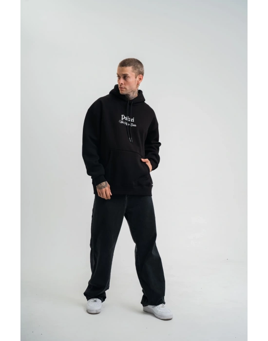 Erkek 3 İplik Pamuklu Kapüşonlu Baskılı Cepli Oversize Sweatshirt Hoodie - Siyah
