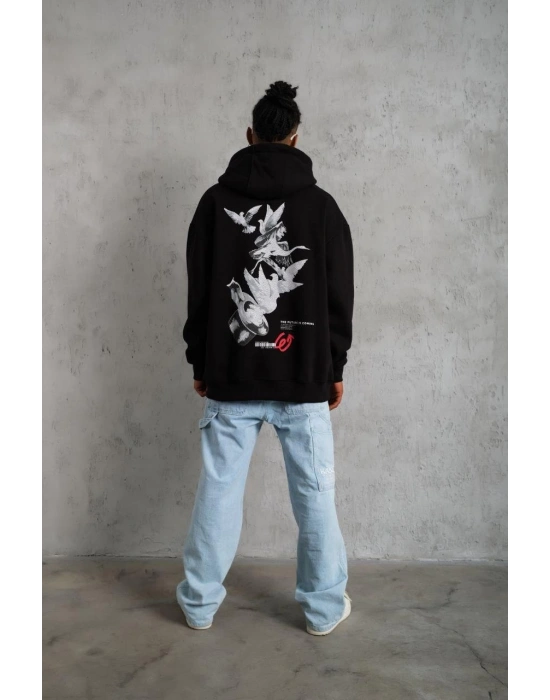 Erkek 3 İplik Pamuklu Kapüşonlu Baskılı Cepli Oversize Sweatshirt Hoodie - Siyah