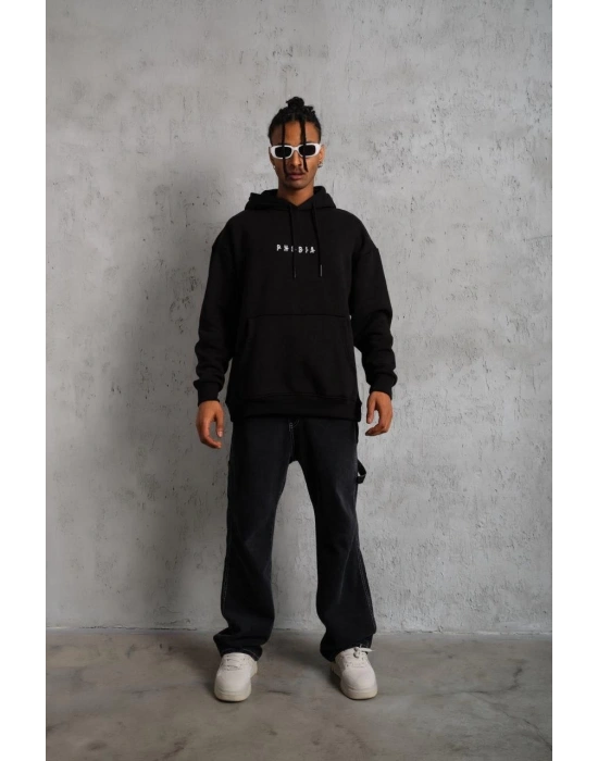 Erkek 3 İplik Pamuklu Kapüşonlu Baskılı Cepli Oversize Sweatshirt Hoodie - Siyah