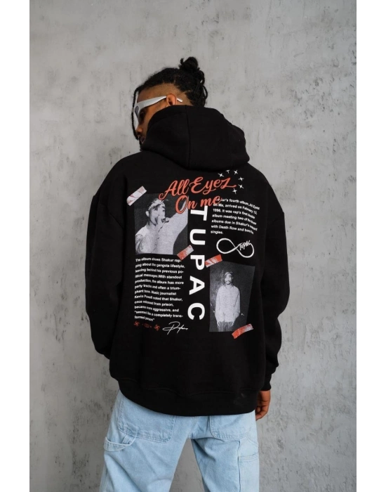 Erkek 3 İplik Pamuklu Kapüşonlu Baskılı Cepli Oversize Sweatshirt Hoodie - Siyah