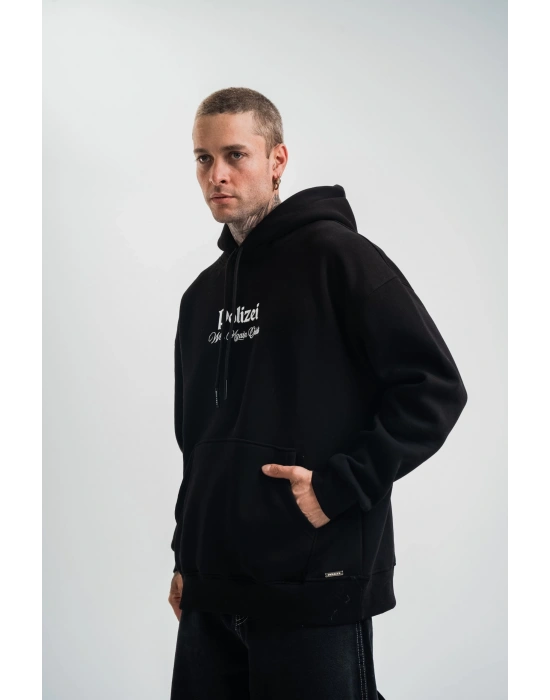 Erkek 3 İplik Pamuklu Kapüşonlu Baskılı Cepli Oversize Sweatshirt Hoodie - Siyah