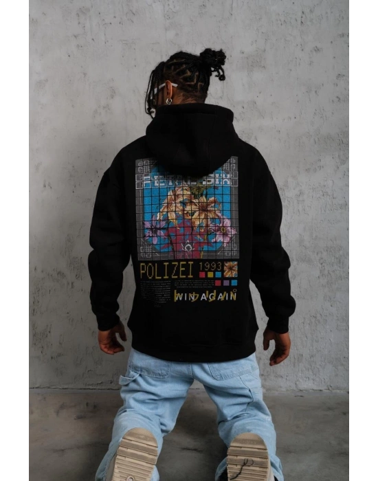 Erkek 3 İplik Pamuklu Kapüşonlu Baskılı Cepli Oversize Sweatshirt Hoodie - Siyah