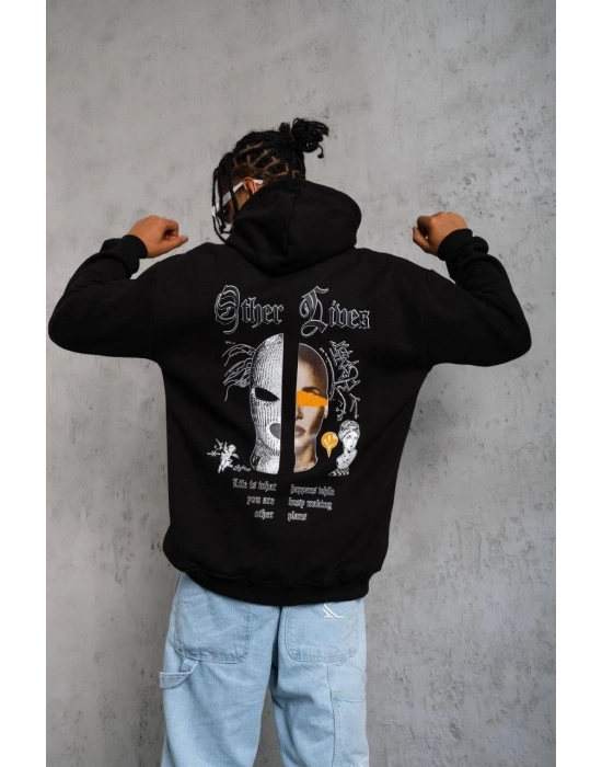 Erkek 3 İplik Pamuklu Kapüşonlu Baskılı Cepli Oversize Sweatshirt Hoodie - Siyah