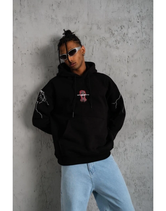 Erkek 3 İplik Pamuklu Kapüşonlu Baskılı Cepli Oversize Sweatshirt Hoodie - Siyah