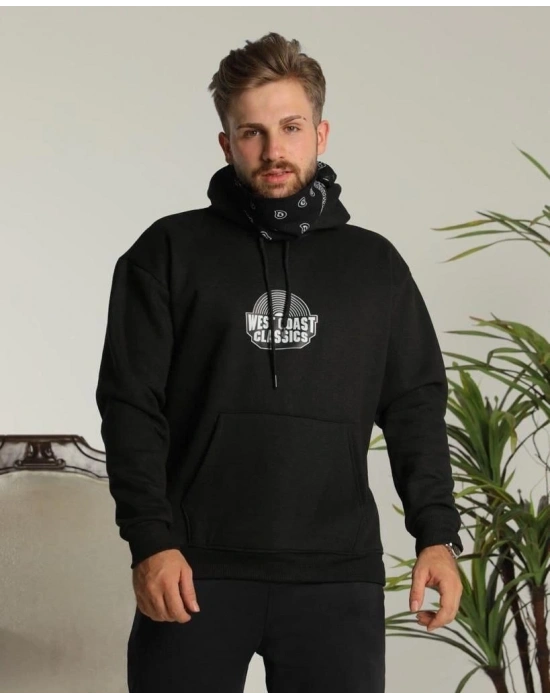 Erkek 3 İplik Pamuklu Kapüşonlu Baskılı Cepli Oversize Sweatshirt Hoodie - Siyah
