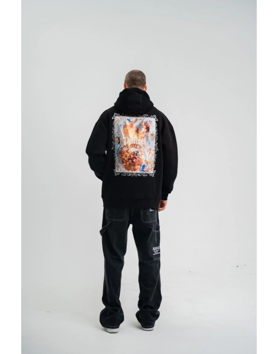 Erkek 3 İplik Pamuklu Kapüşonlu Baskılı Cepli Oversize Sweatshirt Hoodie - Siyah