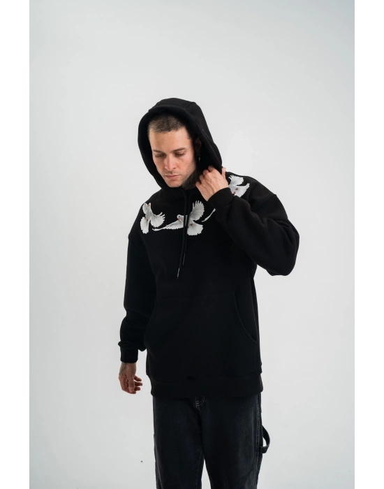 Erkek 3 İplik Pamuklu Kapüşonlu Baskılı Cepli Oversize Sweatshirt Hoodie - Siyah
