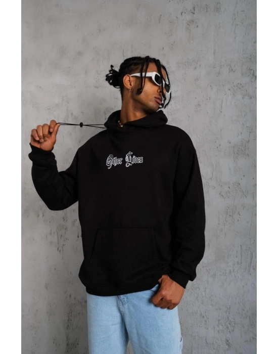 Erkek 3 İplik Pamuklu Kapüşonlu Baskılı Cepli Oversize Sweatshirt Hoodie - Siyah