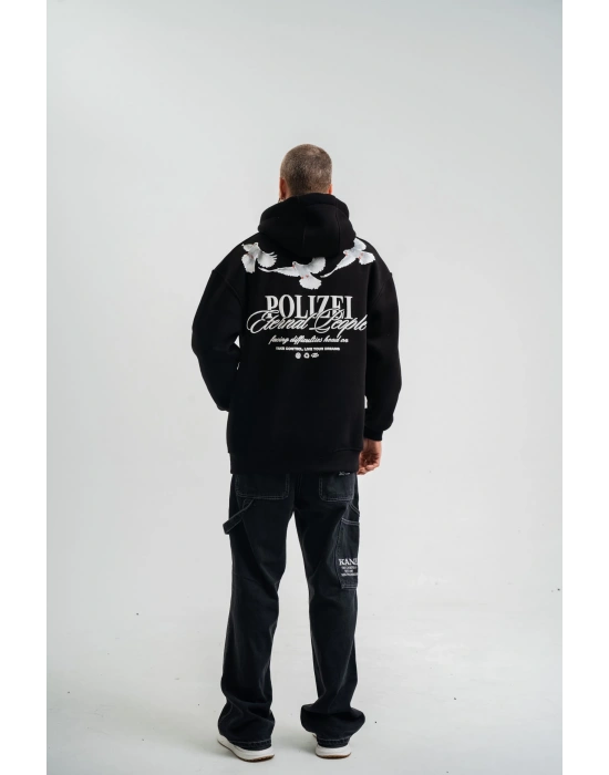 Erkek 3 İplik Pamuklu Kapüşonlu Baskılı Cepli Oversize Sweatshirt Hoodie - Siyah
