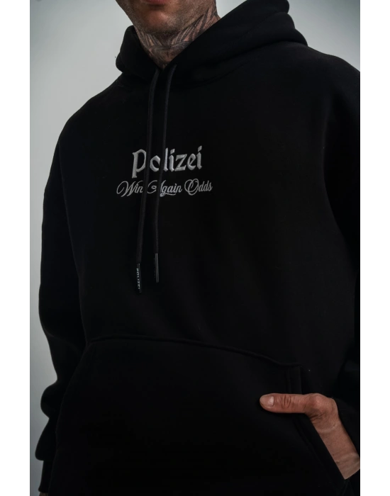 Erkek 3 İplik Pamuklu Kapüşonlu Baskılı Cepli Oversize Sweatshirt Hoodie - Siyah
