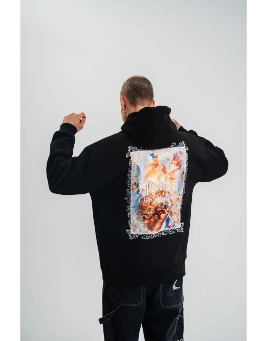 Erkek 3 İplik Pamuklu Kapüşonlu Baskılı Cepli Oversize Sweatshirt Hoodie - Siyah