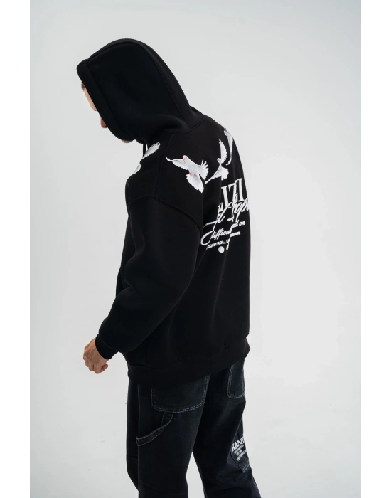 Erkek 3 İplik Pamuklu Kapüşonlu Baskılı Cepli Oversize Sweatshirt Hoodie - Siyah