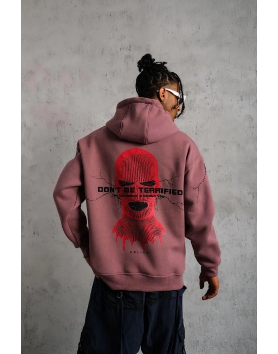 Erkek 3 İplik Pamuklu Kapüşonlu Baskılı Cepli Sweatshirt Hoodie - Gül Kurusu
