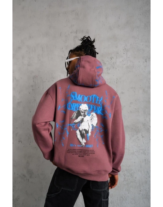 Erkek 3 İplik Pamuklu Kapüşonlu Baskılı Cepli Sweatshirt Hoodie - Gül Kurusu