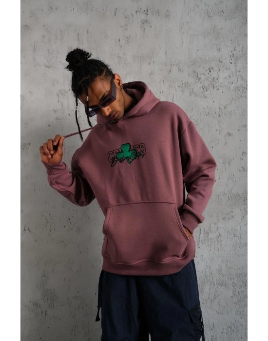 Erkek 3 İplik Pamuklu Kapüşonlu Baskılı Cepli Sweatshirt Hoodie - Gül Kurusu