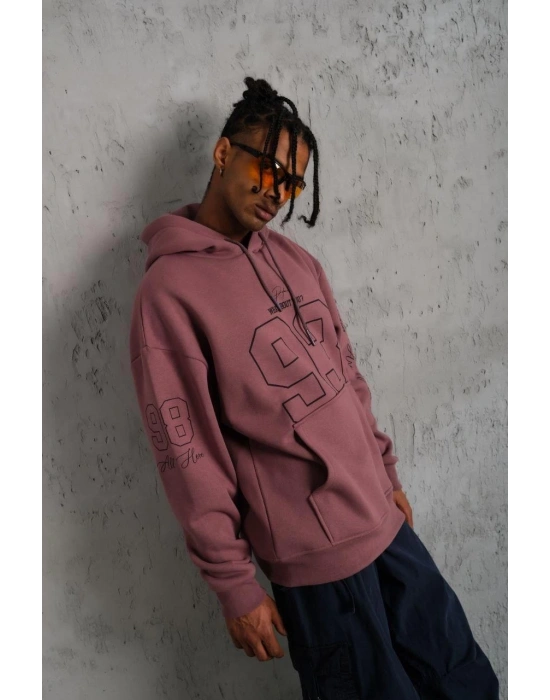 Erkek 3 İplik Pamuklu Kapüşonlu Baskılı Cepli Sweatshirt Hoodie - Gül Kurusu