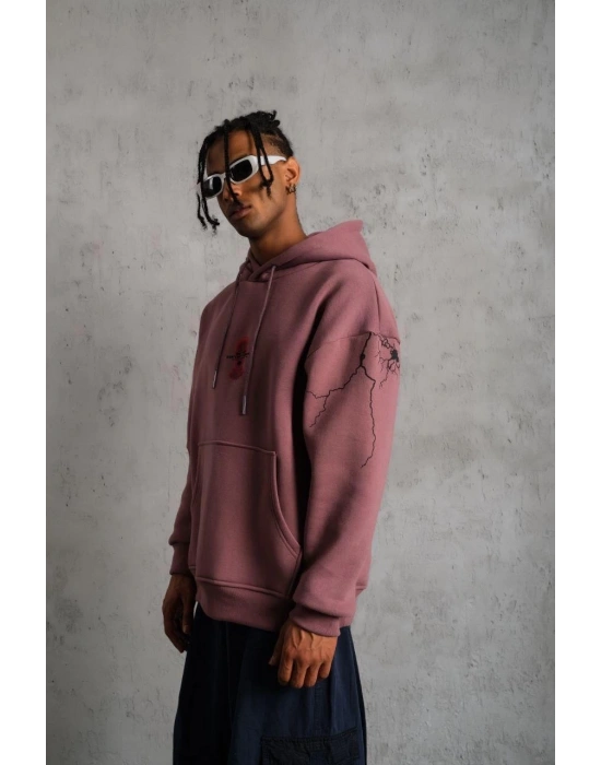 Erkek 3 İplik Pamuklu Kapüşonlu Baskılı Cepli Sweatshirt Hoodie - Gül Kurusu