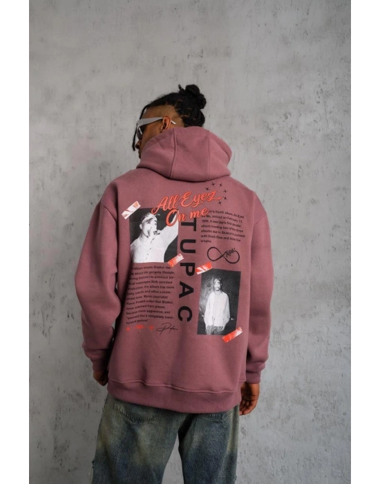 Erkek 3 İplik Pamuklu Kapüşonlu Baskılı Cepli Sweatshirt Hoodie - Gül Kurusu