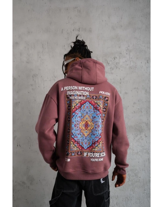 Erkek 3 İplik Pamuklu Kapüşonlu Baskılı Cepli Sweatshirt Hoodie - Gül Kurusu