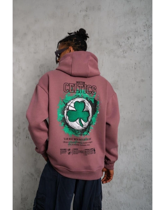 Erkek 3 İplik Pamuklu Kapüşonlu Baskılı Cepli Sweatshirt Hoodie - Gül Kurusu