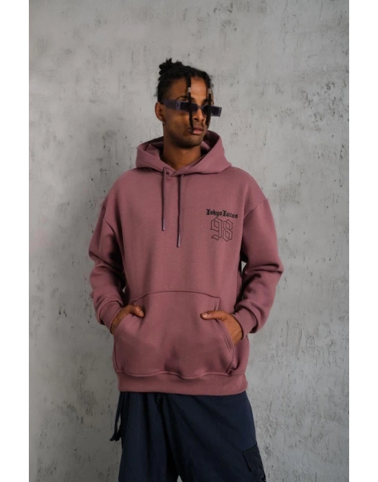 Erkek 3 İplik Pamuklu Kapüşonlu Baskılı Cepli Sweatshirt Hoodie - Gül Kurusu