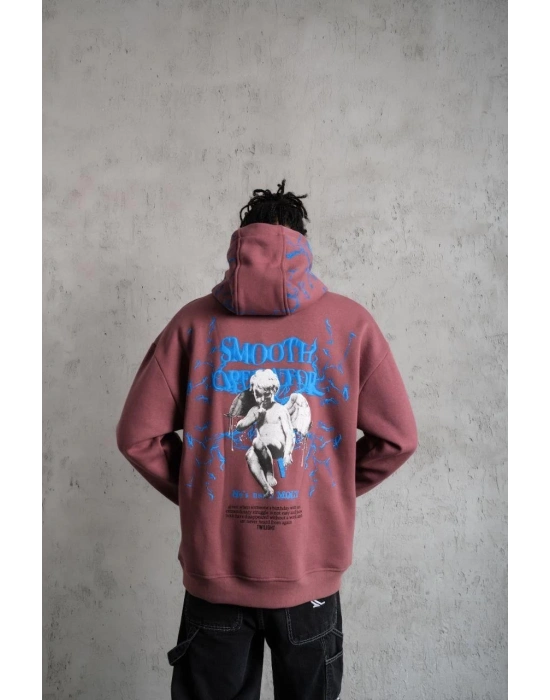 Erkek 3 İplik Pamuklu Kapüşonlu Baskılı Cepli Sweatshirt Hoodie - Gül Kurusu