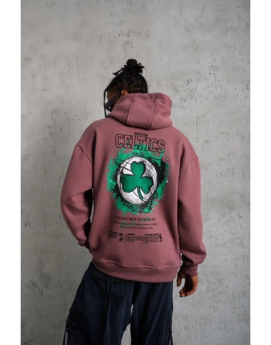 Erkek 3 İplik Pamuklu Kapüşonlu Baskılı Cepli Sweatshirt Hoodie - Gül Kurusu