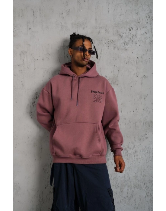 Erkek 3 İplik Pamuklu Kapüşonlu Baskılı Cepli Sweatshirt Hoodie - Gül Kurusu