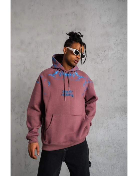 Erkek 3 İplik Pamuklu Kapüşonlu Baskılı Cepli Sweatshirt Hoodie - Gül Kurusu