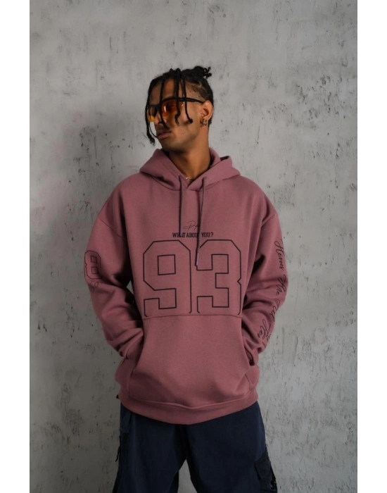 Erkek 3 İplik Pamuklu Kapüşonlu Baskılı Cepli Sweatshirt Hoodie - Gül Kurusu
