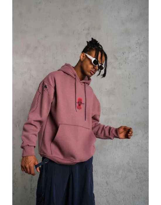 Erkek 3 İplik Pamuklu Kapüşonlu Baskılı Cepli Sweatshirt Hoodie - Gül Kurusu