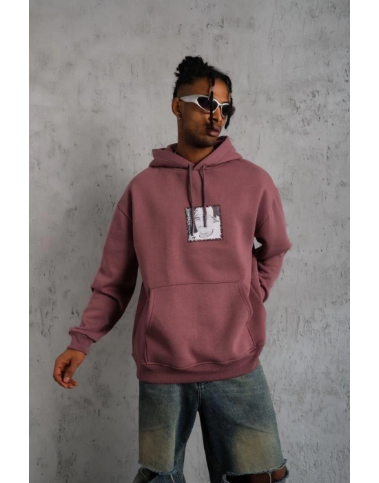 Erkek 3 İplik Pamuklu Kapüşonlu Baskılı Cepli Sweatshirt Hoodie - Gül Kurusu