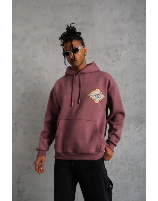 Erkek 3 İplik Pamuklu Kapüşonlu Baskılı Cepli Sweatshirt Hoodie - Gül Kurusu