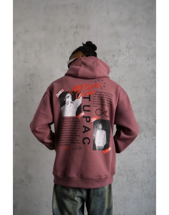 Erkek 3 İplik Pamuklu Kapüşonlu Baskılı Cepli Sweatshirt Hoodie - Gül Kurusu