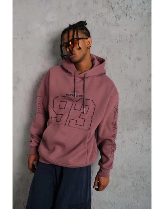 Erkek 3 İplik Pamuklu Kapüşonlu Baskılı Cepli Sweatshirt Hoodie - Gül Kurusu