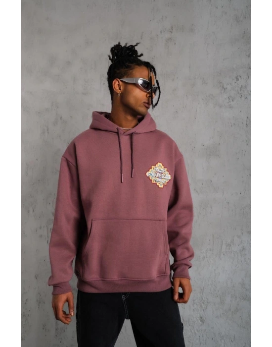 Erkek 3 İplik Pamuklu Kapüşonlu Baskılı Cepli Sweatshirt Hoodie - Gül Kurusu