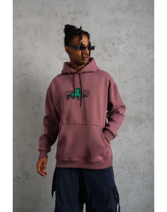 Erkek 3 İplik Pamuklu Kapüşonlu Baskılı Cepli Sweatshirt Hoodie - Gül Kurusu