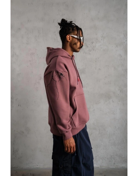 Erkek 3 İplik Pamuklu Kapüşonlu Baskılı Cepli Sweatshirt Hoodie - Gül Kurusu