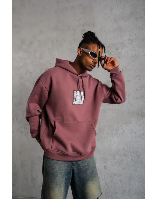 Erkek 3 İplik Pamuklu Kapüşonlu Baskılı Cepli Sweatshirt Hoodie - Gül Kurusu