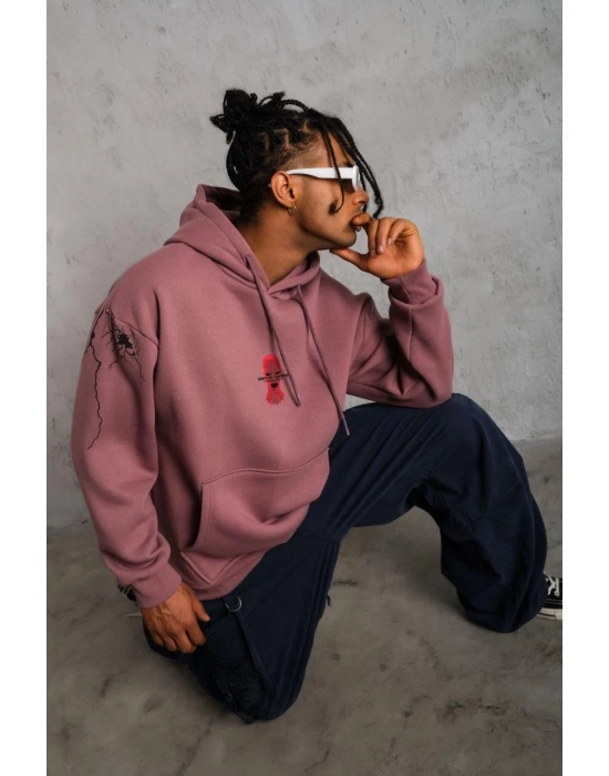 Erkek 3 İplik Pamuklu Kapüşonlu Baskılı Cepli Sweatshirt Hoodie - Gül Kurusu
