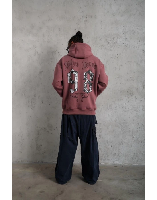 Erkek 3 İplik Pamuklu Kapüşonlu Baskılı Cepli Sweatshirt Hoodie - Gül Kurusu